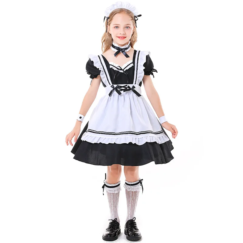 

Child Amine Cute Lolita French Maid Cosplay Costume Black White Dress Uniform Girls Waitress Halloween Party Costumes