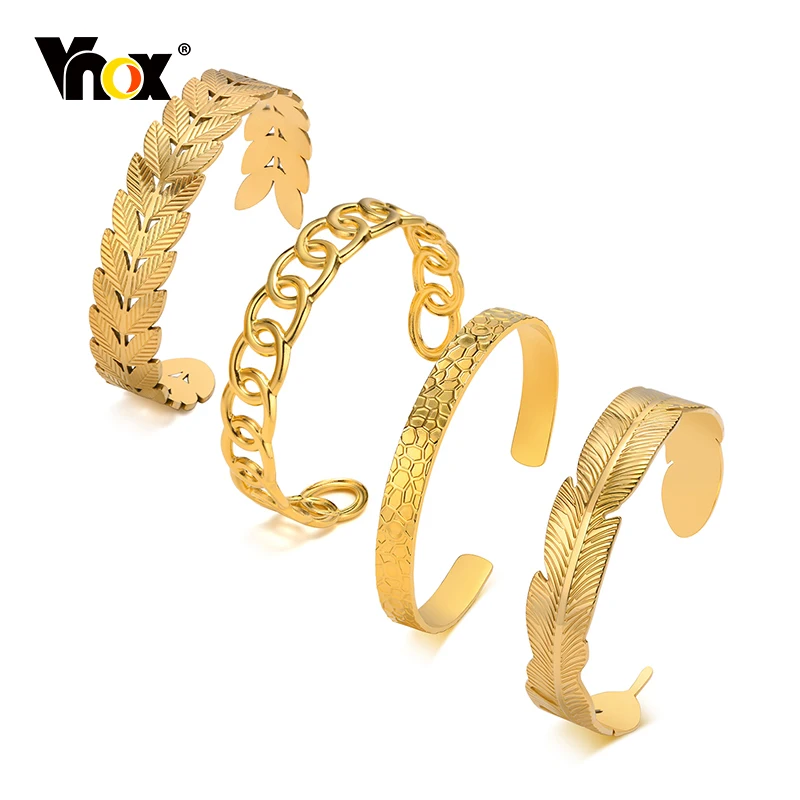 

Vnox Womens Feather Leaves Heart Chain Cuff Bracelets, Temperament Metal Stainless Steel Bangle for Female Accessories