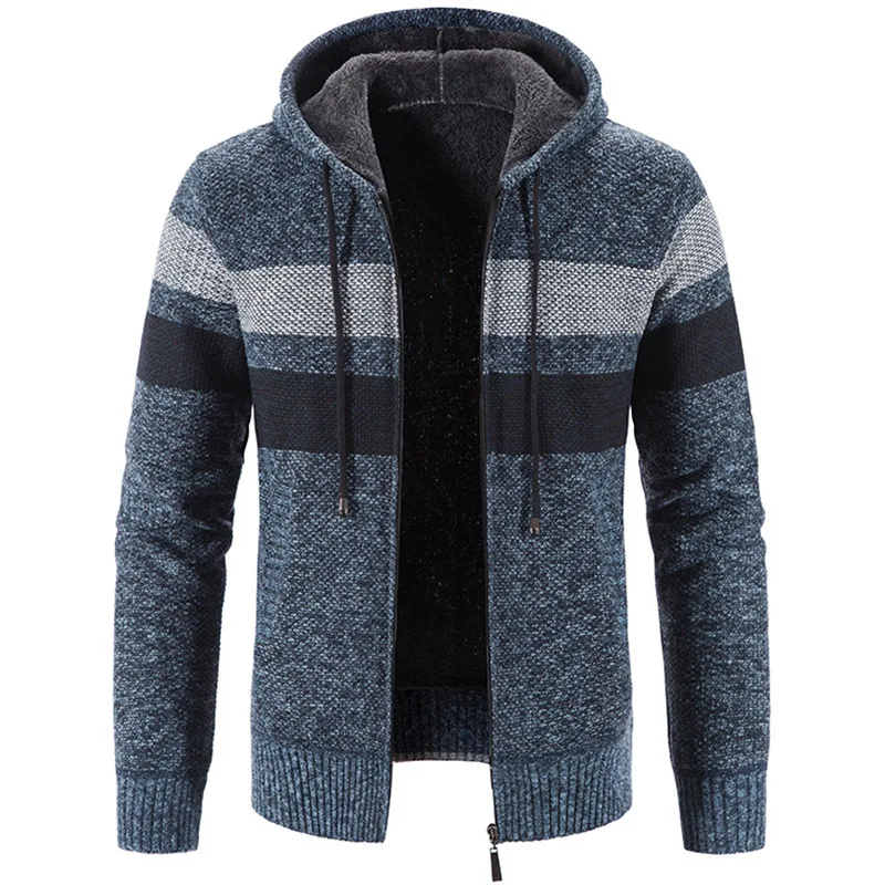 

Fashion Winter Sweater Coat Men Hooded Cardigan Fleece Warm Sweaters Jackets Striped Knitted Cardigan Men Casual Zipper Sweaters