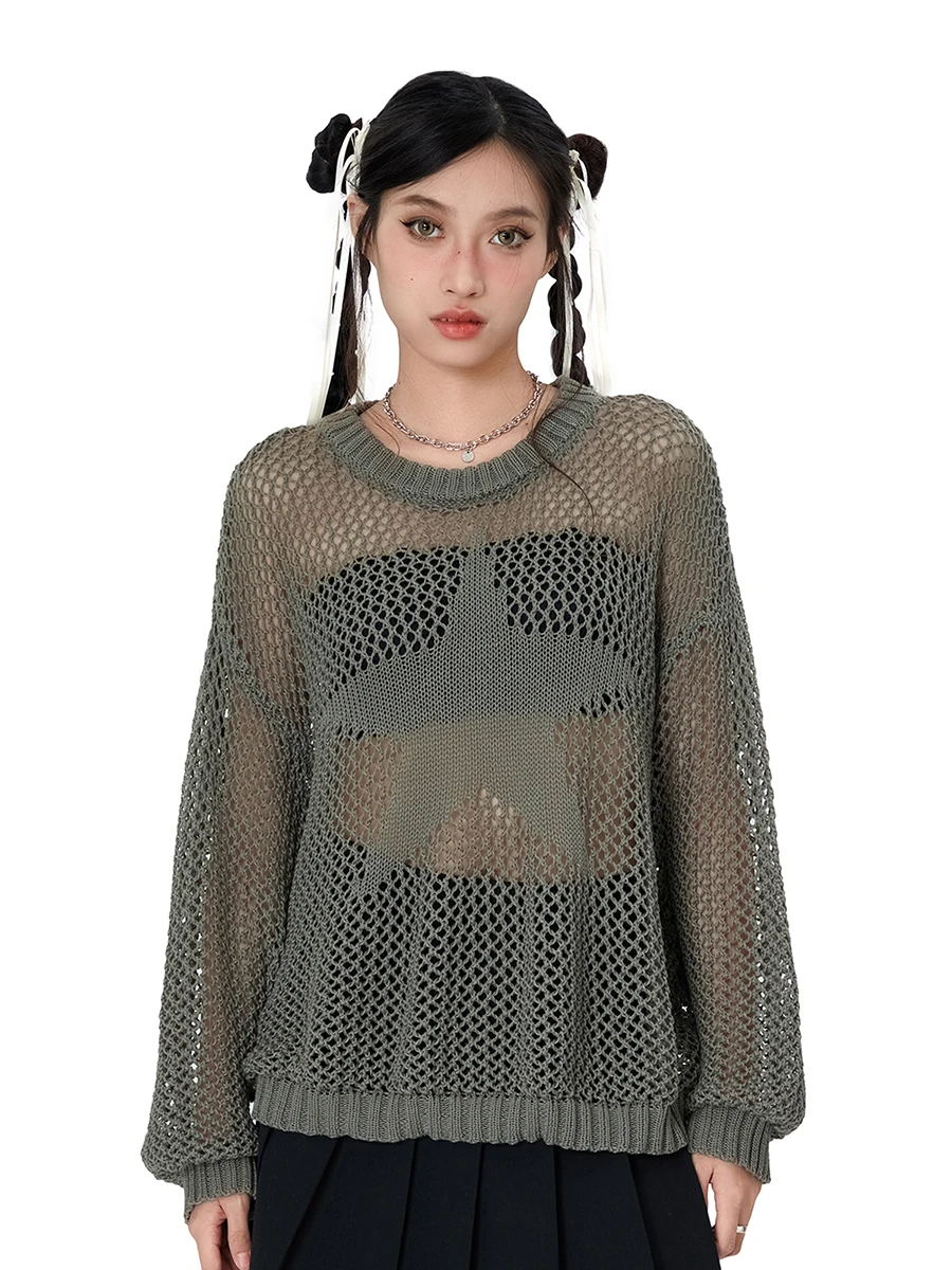 

Женский вязаный крючком укороченный топ с кружевом в стиле бохо, Пляжная накидка Y2K, прозрачный пуловер бикини с длинным рукавом, свитер