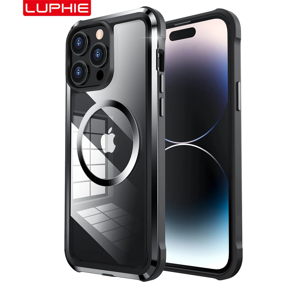 

LUPHIE Armor Case For iPhone 14 Pro Max Cover 14 Plus Funda Clear Hard Back Soft Silicone Frame Compatible Magsafe Charging Skin