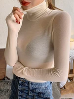 turtleneck slim high quality plain t shirt women cotton elastic basic female tops long sleeve sexy thin t shirt see through 2022