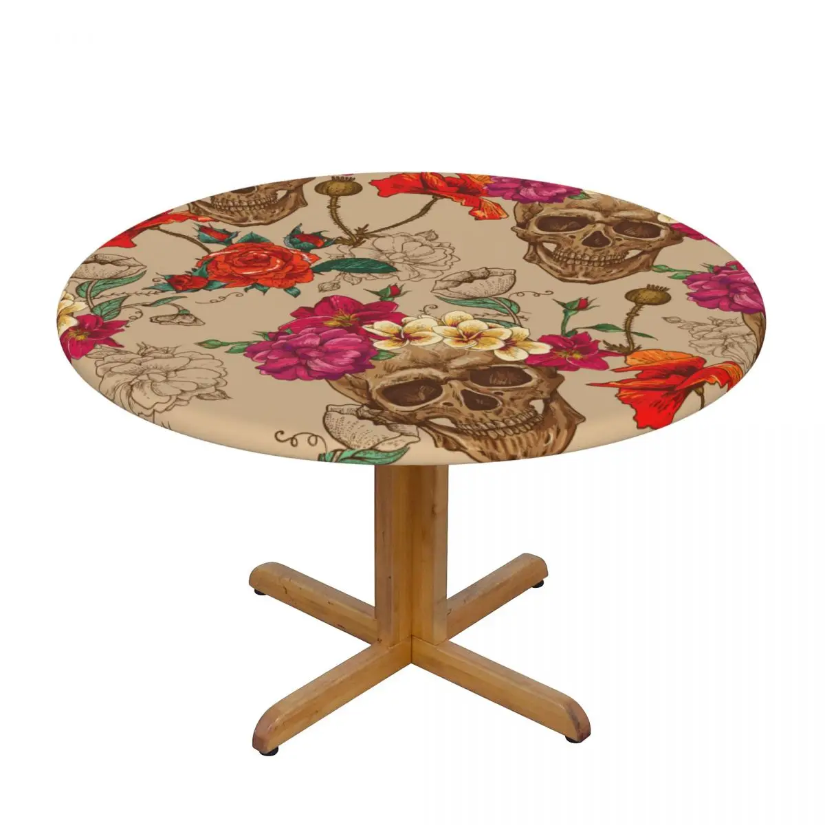 

Skull And Flowers Seamless Background Waterproof Polyester Round Tablecloth Catering Fitted Table Cover with Elastic Edged