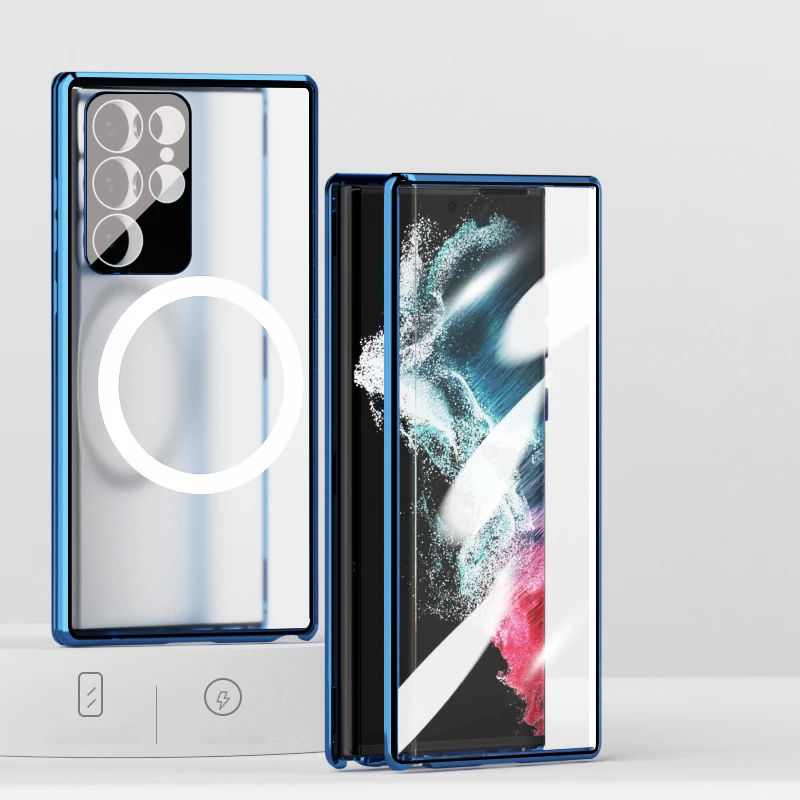S23 Ultra Magnetic Wireless Charging Case For Samsung Galaxy S22 Ultra S22 Plus Double Sided Glass Metal Bumper Phone Cover S23