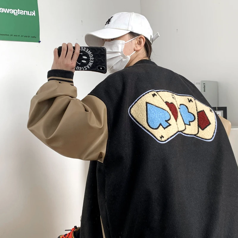 

New Arrival Spring Autumn Poker Embroid Women Oversize Varsity Jacket Unisex Men Letterman Stadium Award Baseball Bomber Casual