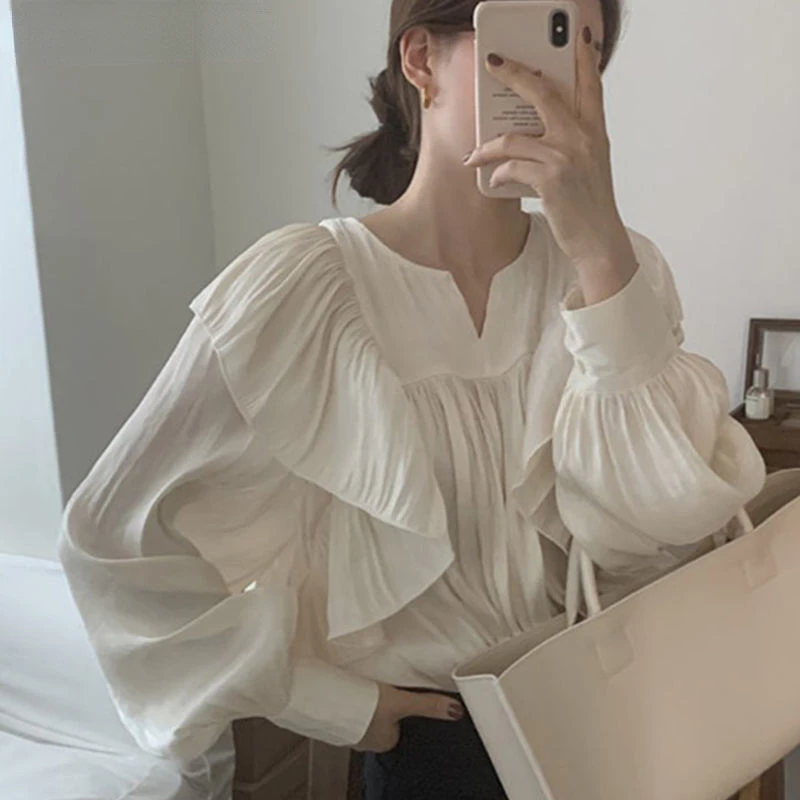 

Puff sleeve blouse for ladies spring loose trendy frilly cute simple preppy streetwear