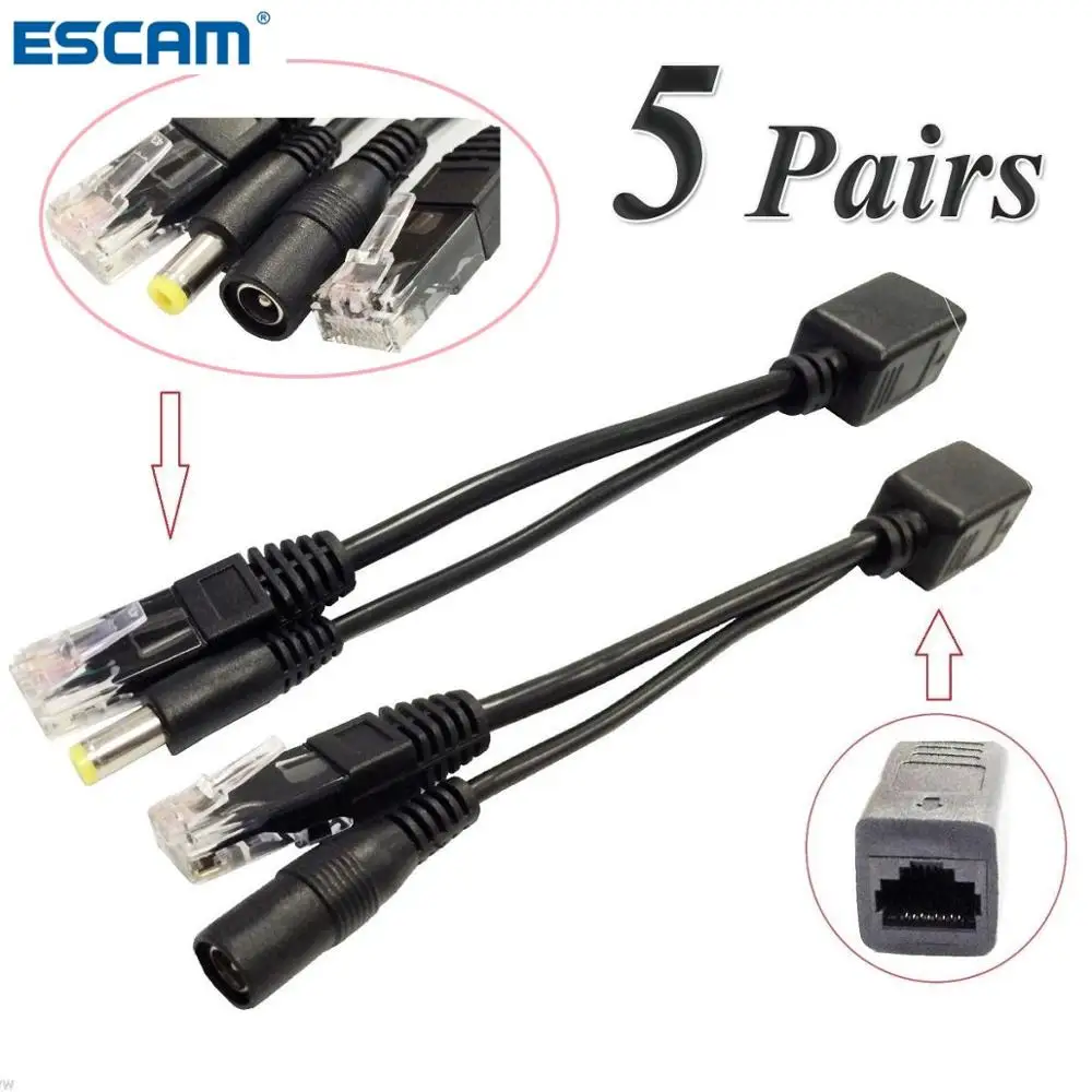 

ESCAM 10pcs(5pair) POE Splitter POE Switch POE Cable adapter Tape Screened 5V 12V 24V 48V Power Supply Cable 5.5*2.1mm