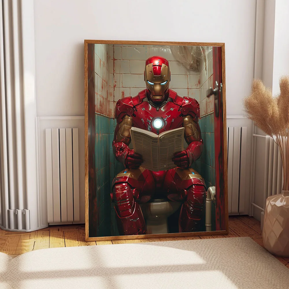 Забавный супергерой в туалете с газетами холст картина печать ретро ванная