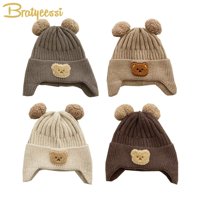 

Bear Baby Bonnet Hats Pom Pom Winter Baby Hat for Girls Boys Knitted Warm Ears Kids Beanie Cap with Earflaps Infant Accessories