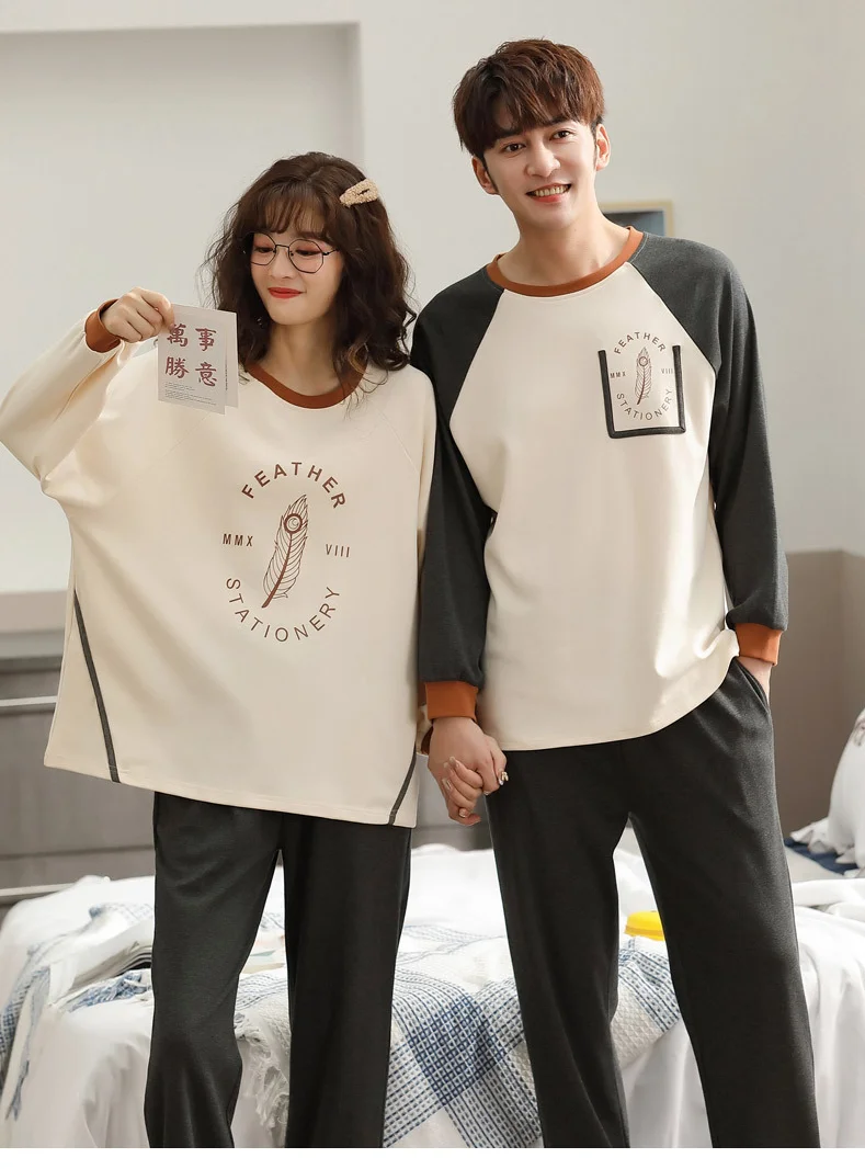 Yasuk Spring Autumn Fashion Women's Casual Soft Cotton Sleepwear Homewear Couple Pajamas Set With Pants Plaid Plume Unisex