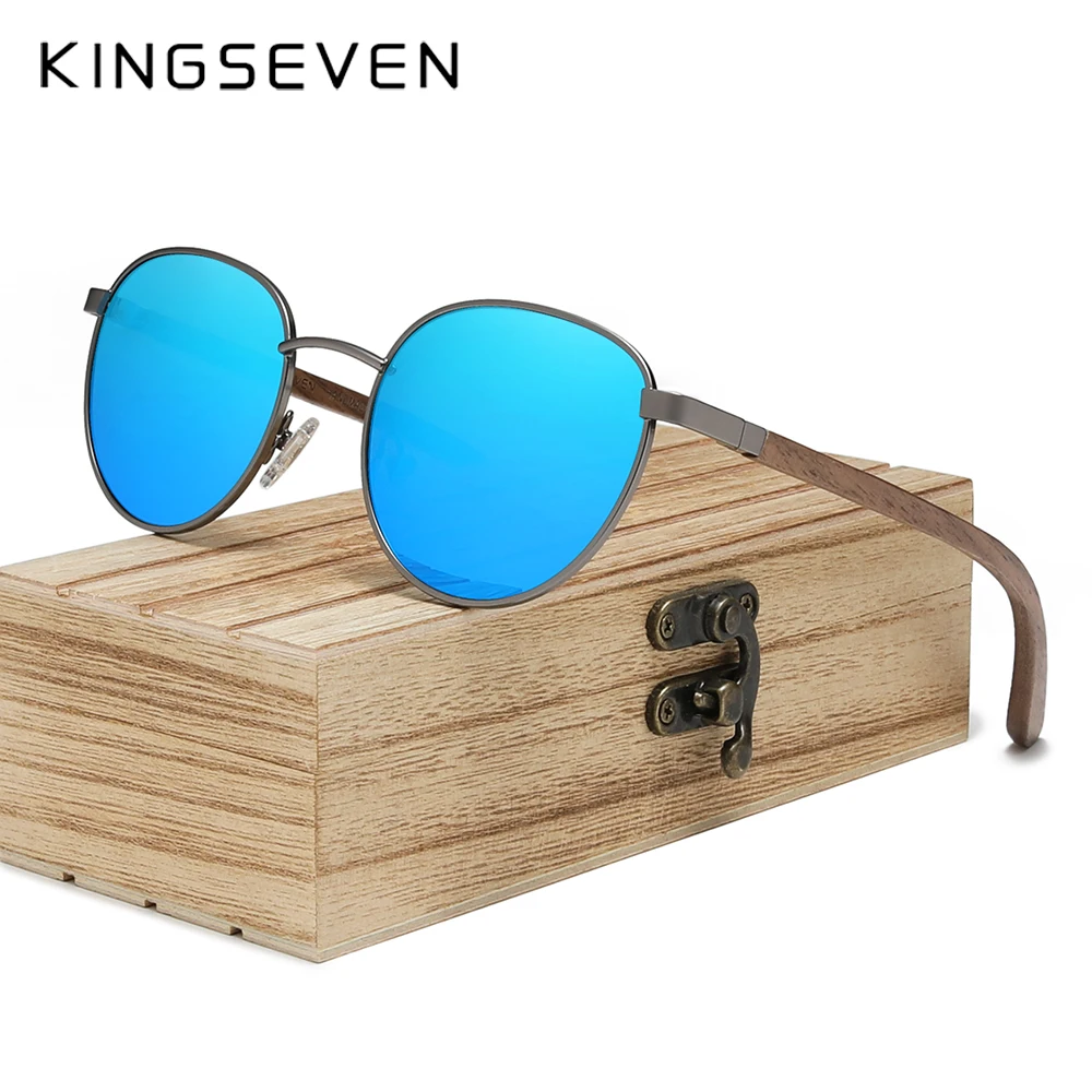 

KINGSEVEN 2022 Black Walnut Wooden Sunglasses For Men Polarized UV400 Protection Round Lens Retro Eyewear Women Handmade Glasses