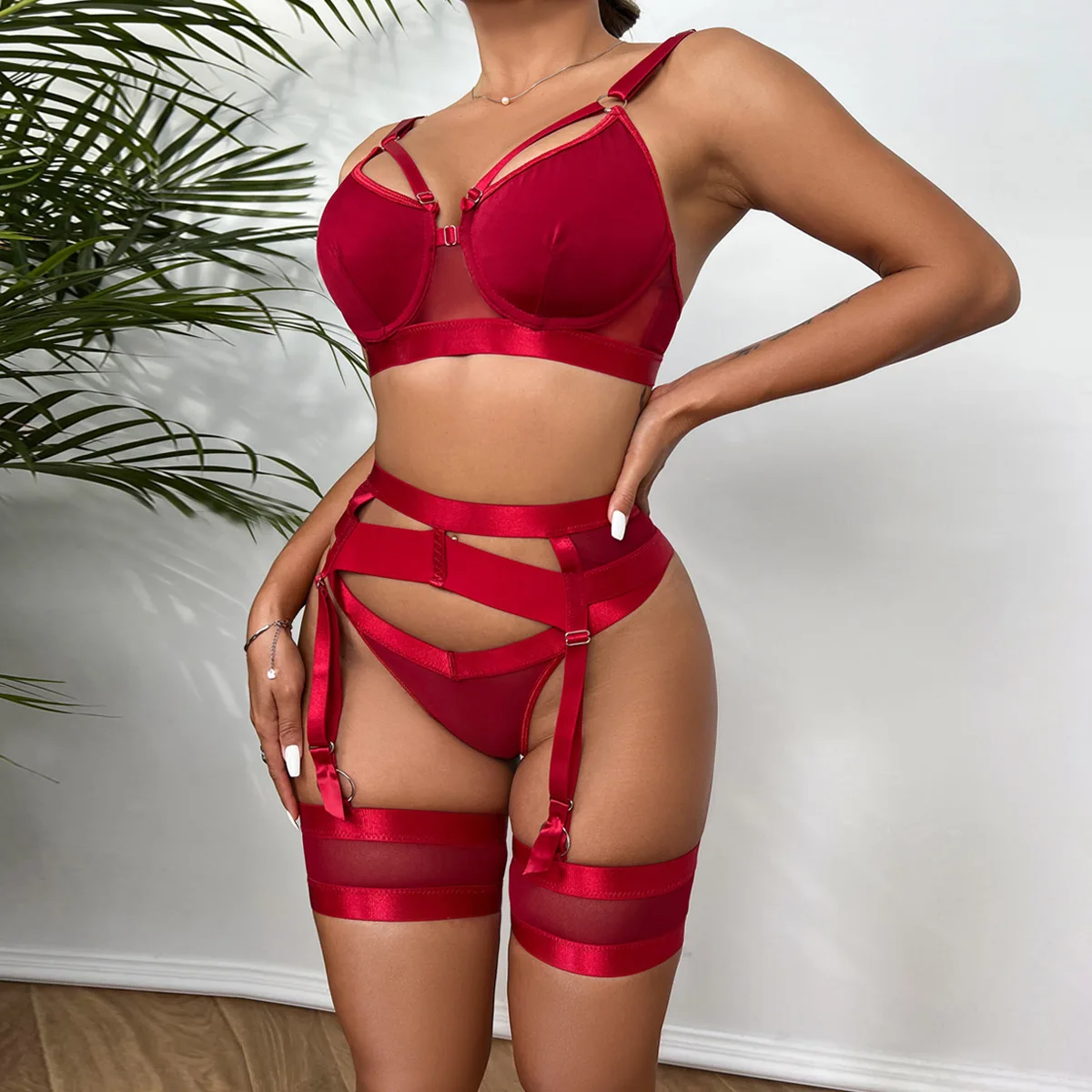 

Women's Sexy Lingerie Cutout Lace Briefs Garter Belt Underwire Bra Set Passion Pure Lust Midnight Glamor Flirting Clothing