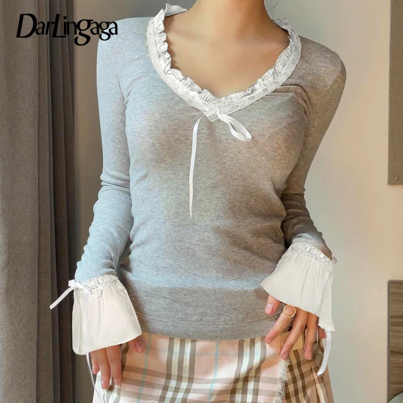 

Darlingaga V Neck Grey Sweet Women T-shirts Flare Sleeve Knit Slim Bow Cute Top Autumn Tee Shirts Lace Ruffles Spliced Outfits