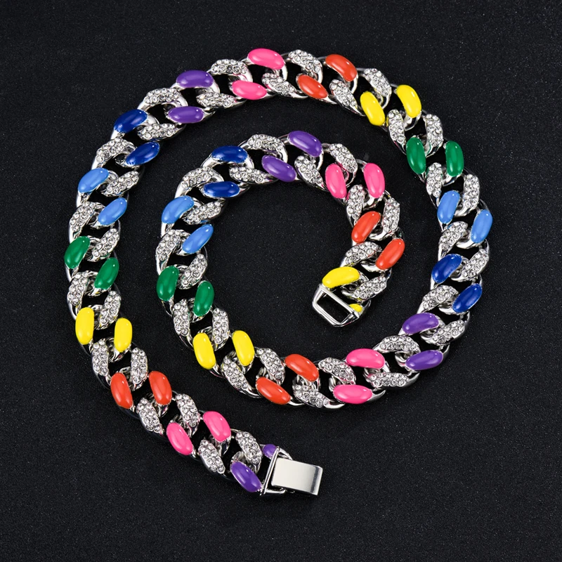 

Hip-Hop Iced Out Enamel Cuban Link Chain 16mm Men's Miami Full Paved Rhinestone Colorful Necklace Punk Diamond Jewelry for Women