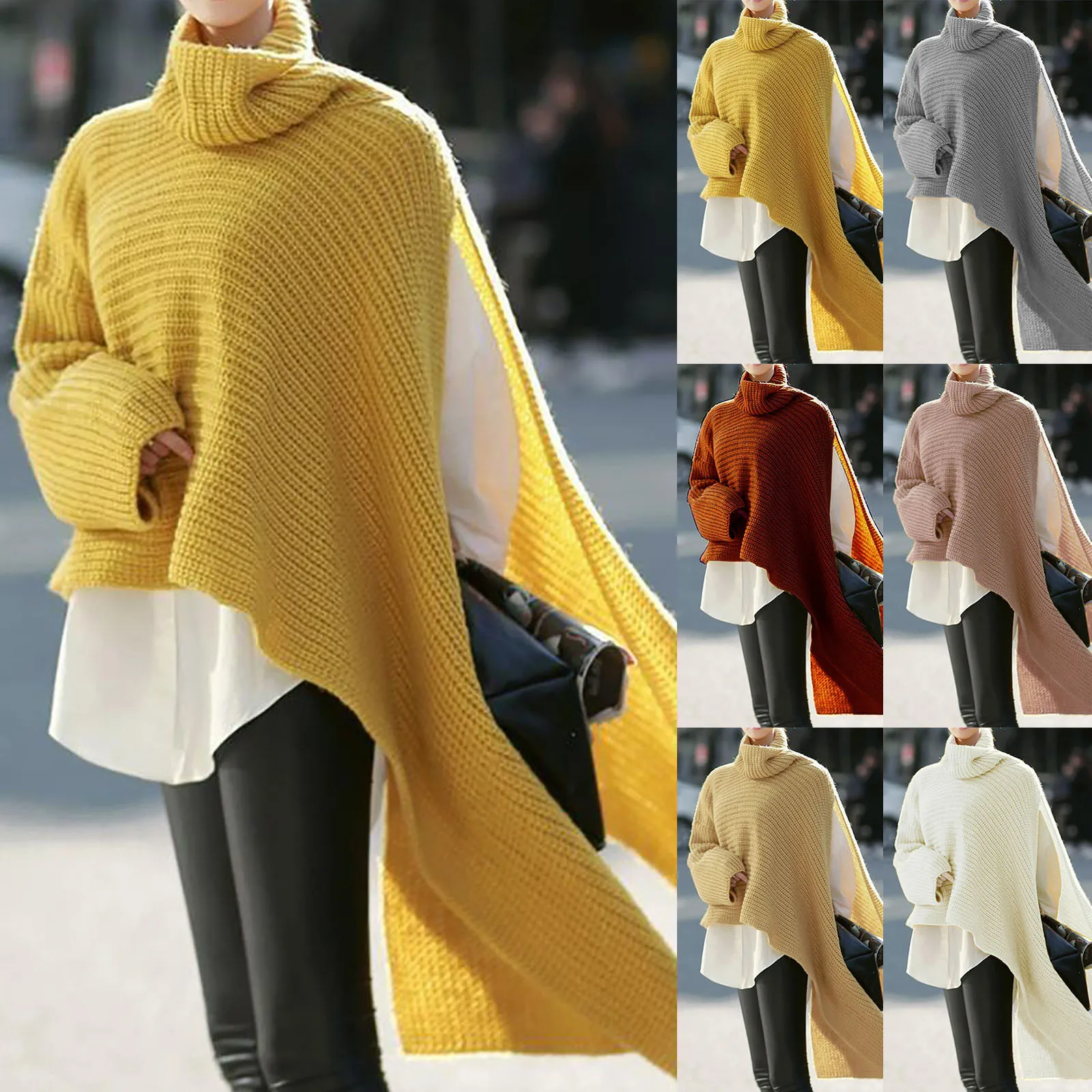 

Women Winter Knitted Turtleneck Sweater Poncho Cape Solid Color Crochet Fringed Shawl Wrap Oversized Pullover Cloak Sweater Tops