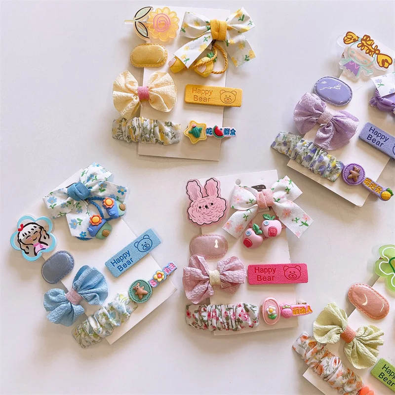 

7pcs Cute Cartoon Hairpins with 2pcs Hair Bands for Baby Girl Summer Big Bow Floral Fabric Hair Clip Hair Band Hair Accessories