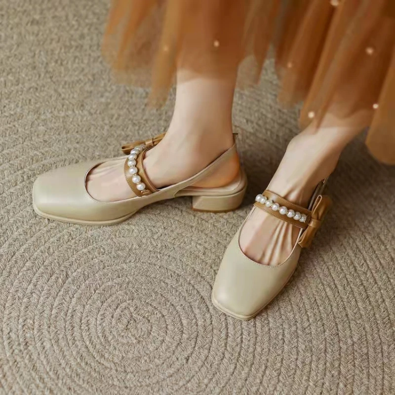 

2022 New Sweet Bow Beaded Buckle Strap Women's Heels High Heels Summer Party Wedding Shoes Color Blocking Women's Sandals