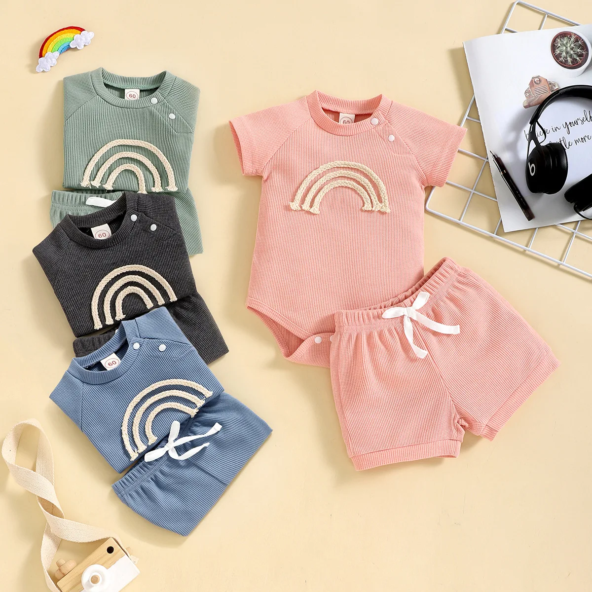 

Baby Girl Summer Clothing 2022 Solid Color Rainbow Waffle Short Sleeve Rompers + Shorts 2PCS Infant Outfits New Born Boy Clothes