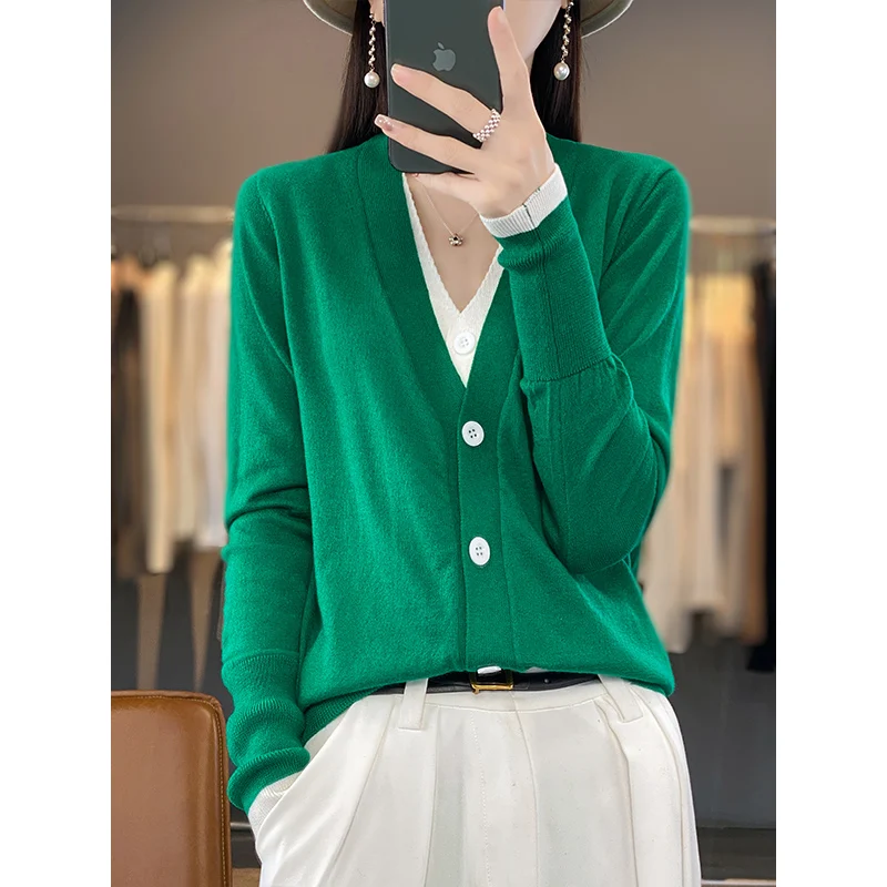 Женский шерстяной кардиган с V-образным вырезом и длинным рукавом