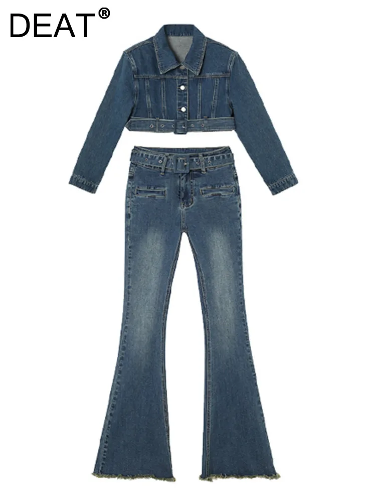 

Женская короткая джинсовая куртка DEAT, однобортная куртка с отложным воротником и длинным рукавом, темно-синие расклешенные джинсы с низкой ...
