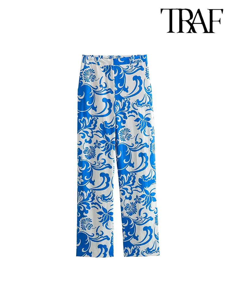 

Брюки женские прямые на молнии с завышенной талией и принтом