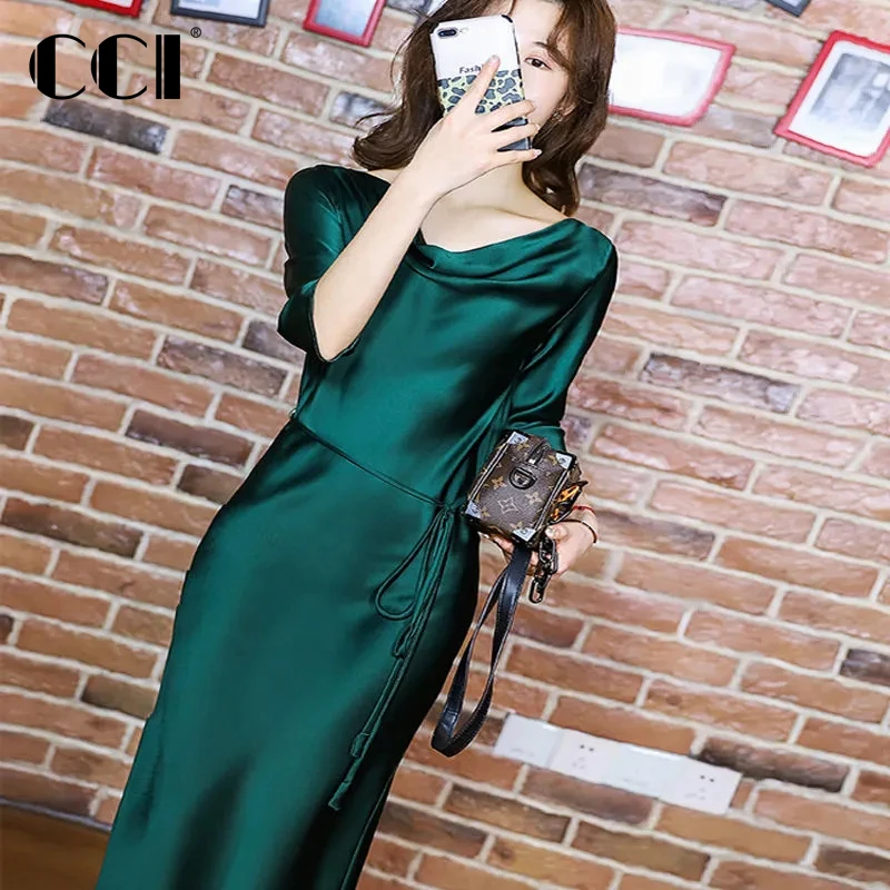 

CCI Ladies Elegant Lace-up Satin Loose And Comfortable Dress Summer Solid Color Half Sleeve Party Dresses Women Vintage YJ033