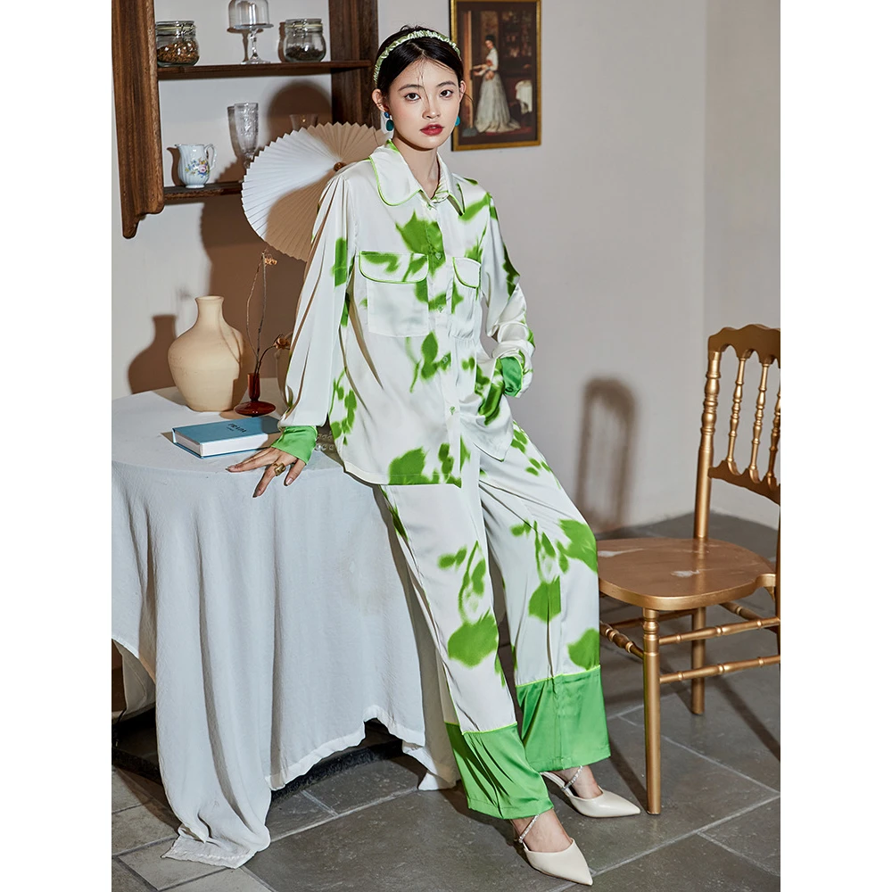Maison Gabrielle 2022 Spring Summer Abstract Watercolor Printed Pajamas Set Loungewear Sleepwear for Women 2 Pieces Long Sleeve