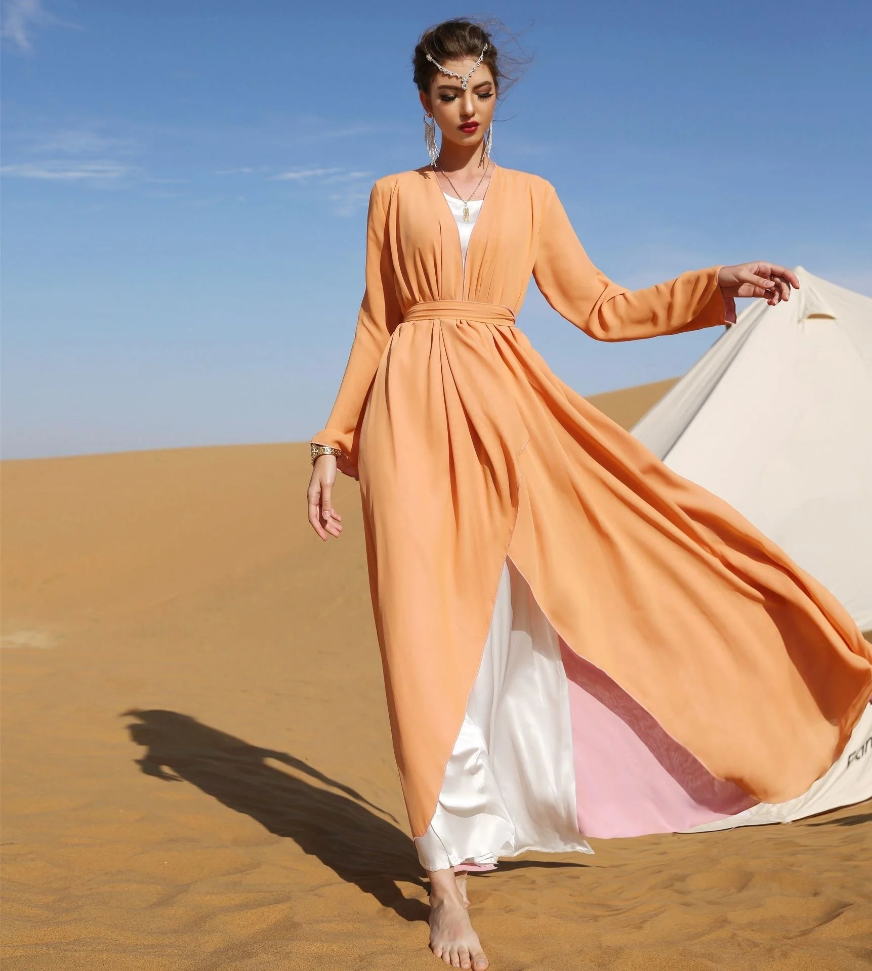 2022 Muslim Long Dress Robe Double-sided Double-layer Chiffon Two-color Long-sleeved Cardigan Robe
