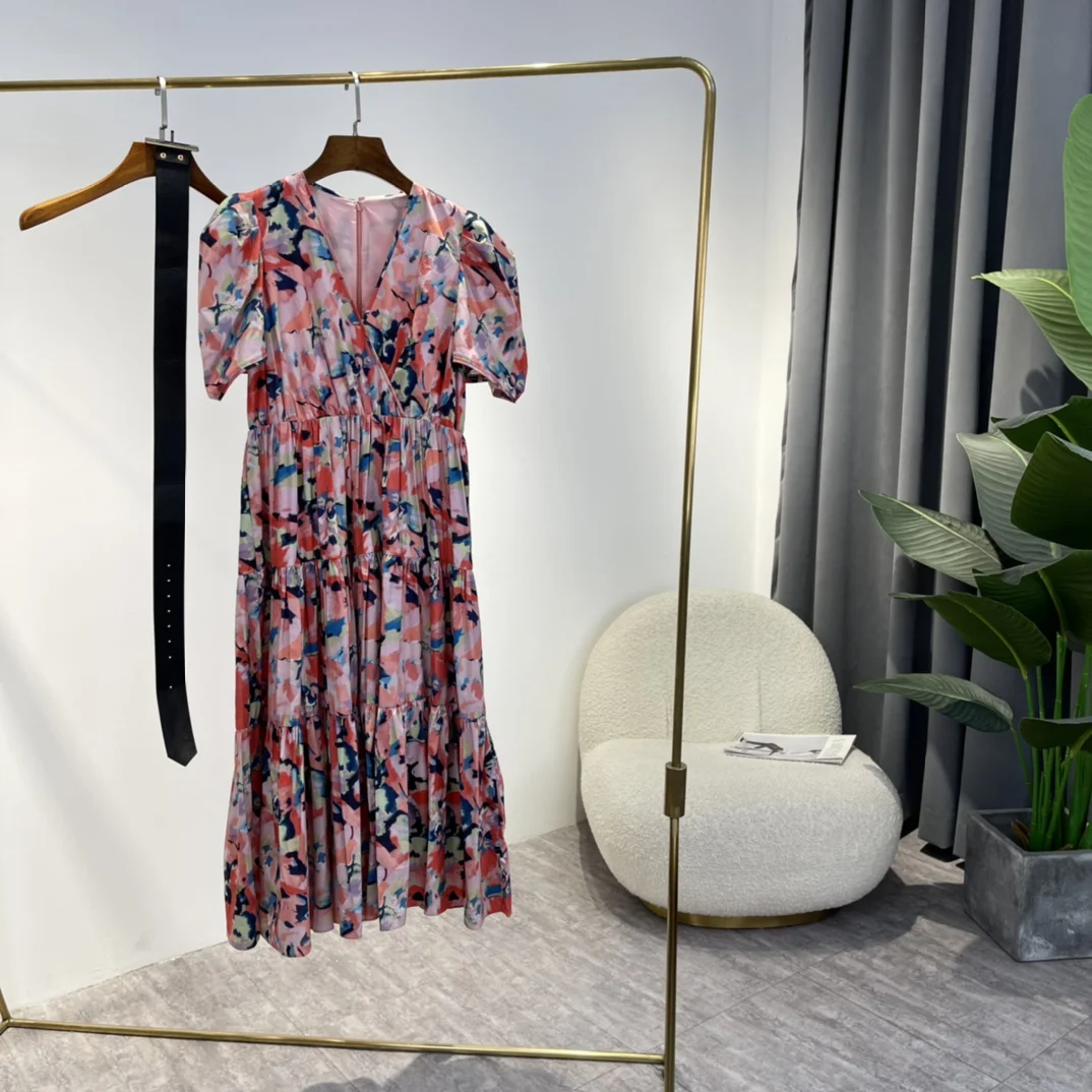 

2022 High Quality Summer New Hot Sale Puff Sleeve A-line Floral Printing Cotton Classy Midi Dresses