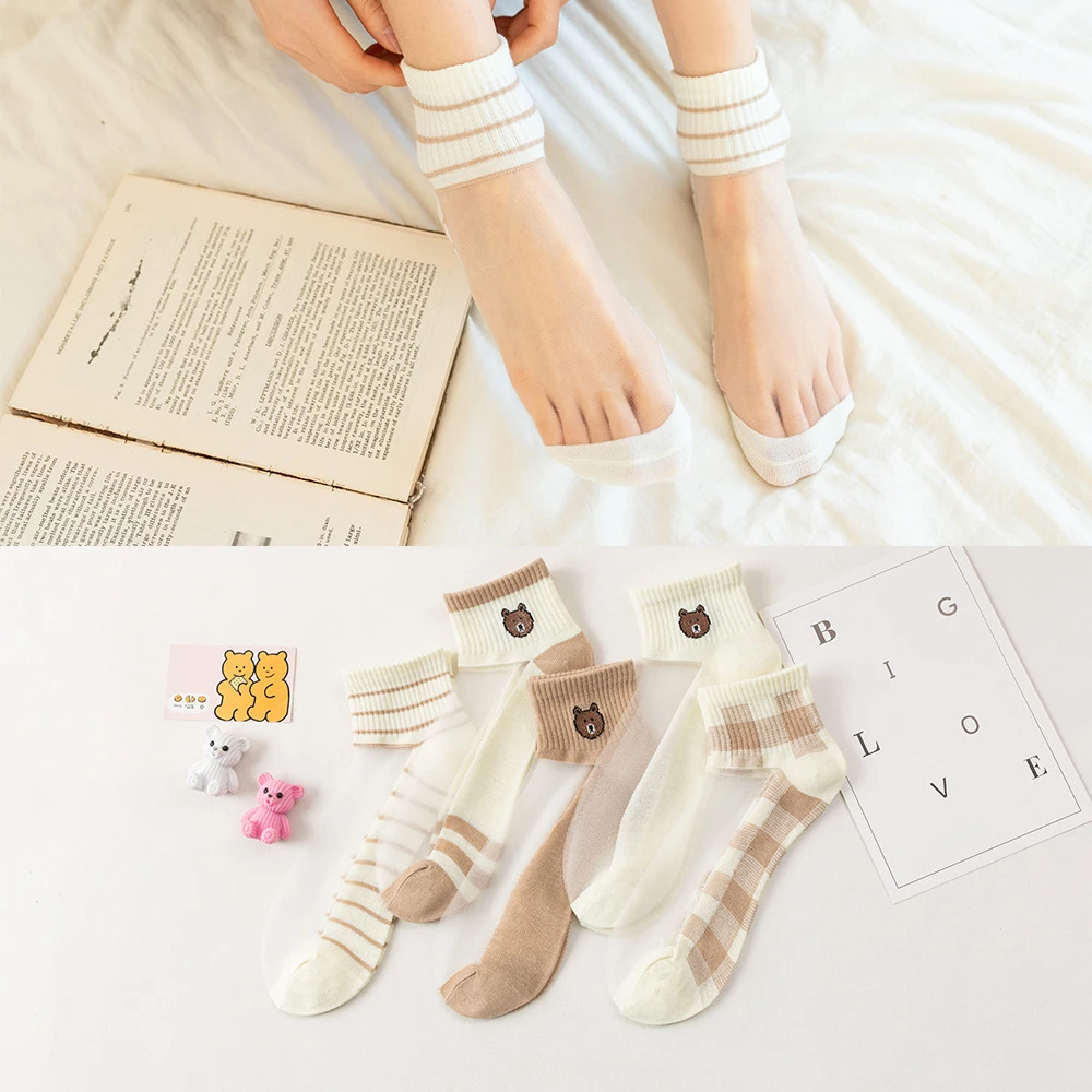 Чулки прозрачные тонкие дышащие с мультяшным медведем HY012