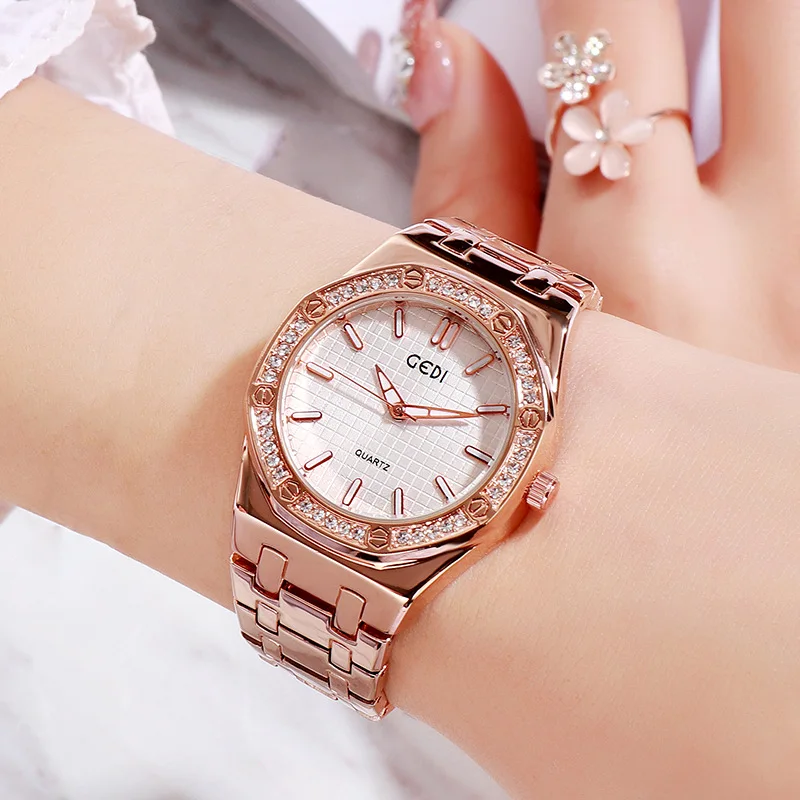 GEDI Golden Women Watches Luxury Brand Waterproof Diamond Stainless Steel Quartz Watch for Women New Trend Elegant Ladies Clock