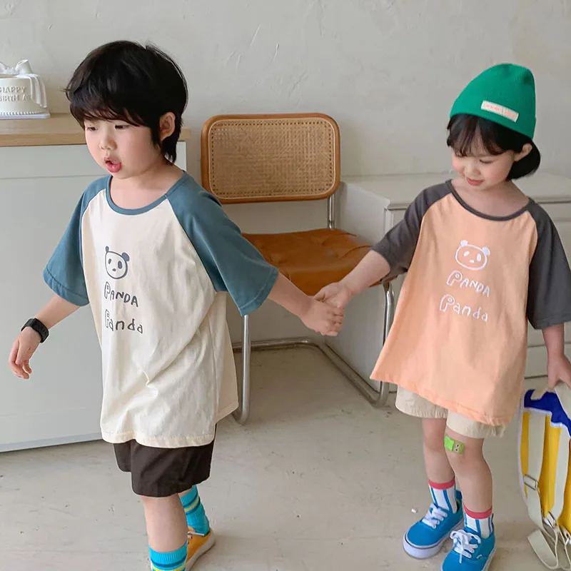 

2022 летняя детская одежда MILANCEL, футболка контрастных цветов с рукавами реглан для девочек, топ для мальчиков с рисунком панды и коротким рука...