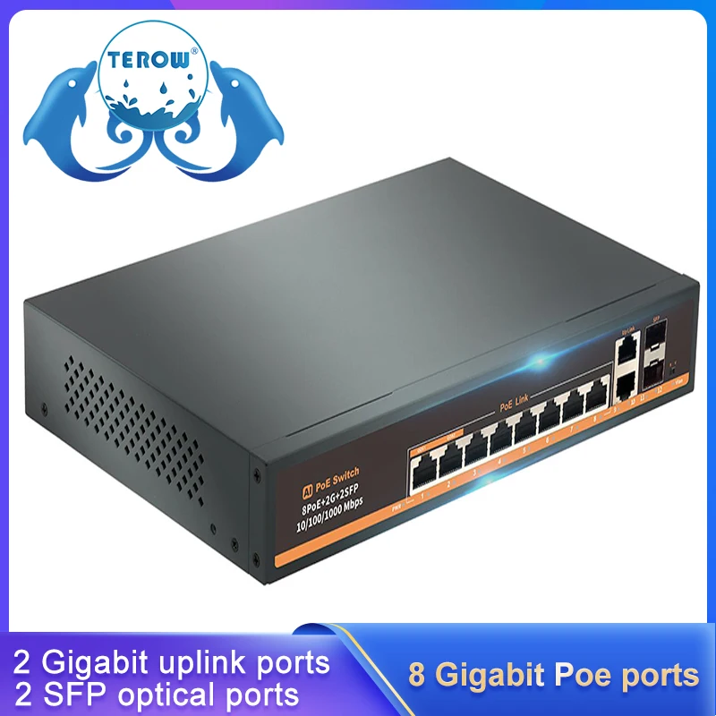 TEROW AI Smart Gigabit Switch 12 Port 1000Mbps 8 POE +2 Uplink +2 SFP Ethernet 52V with Power for Camera/ Router/ Video Recorder