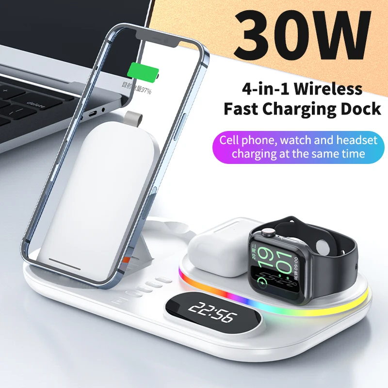 

30W 4 in 1 Qi RGB Light Wireless Charger Fast Charging Dock Station For Apple Watch iWatch 7 AirPods Pro 2 For iPhone 13 12 XS