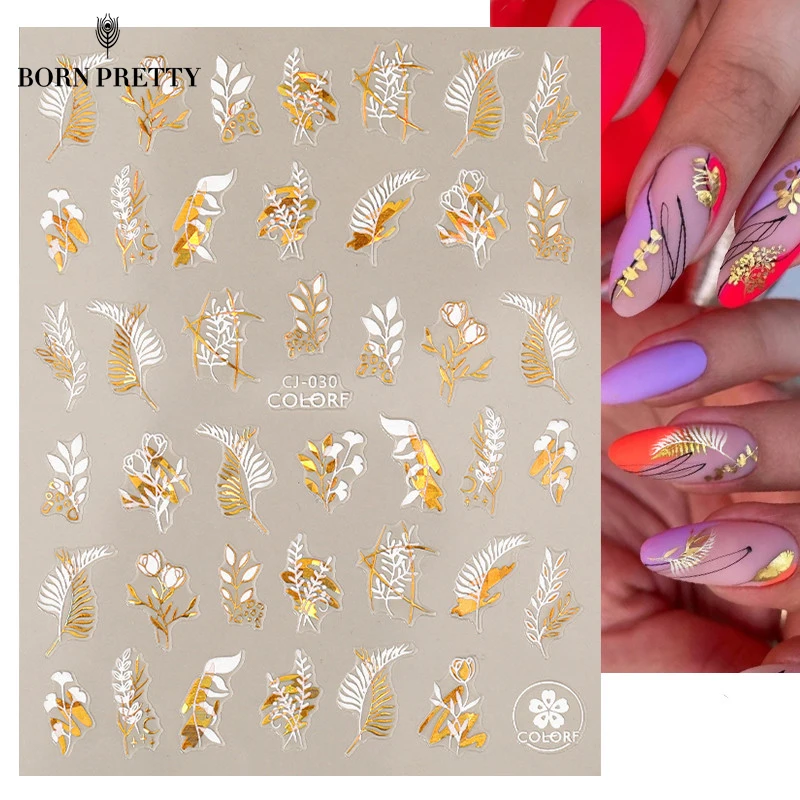 

BORN PRETTY 3D стикер для ногтей белый золотой лист абстрактная линия цветочный узор наклейки для ногтей Сделай Сам переводная наклейка украшени...