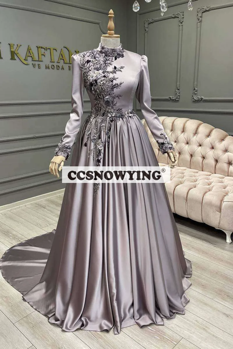 

Satin Long Sleeve Muslim Evening Dress Arabic Dubai Hijab Prom Formal Party Ball Gown Flowers Appliques Moroccan Caftan