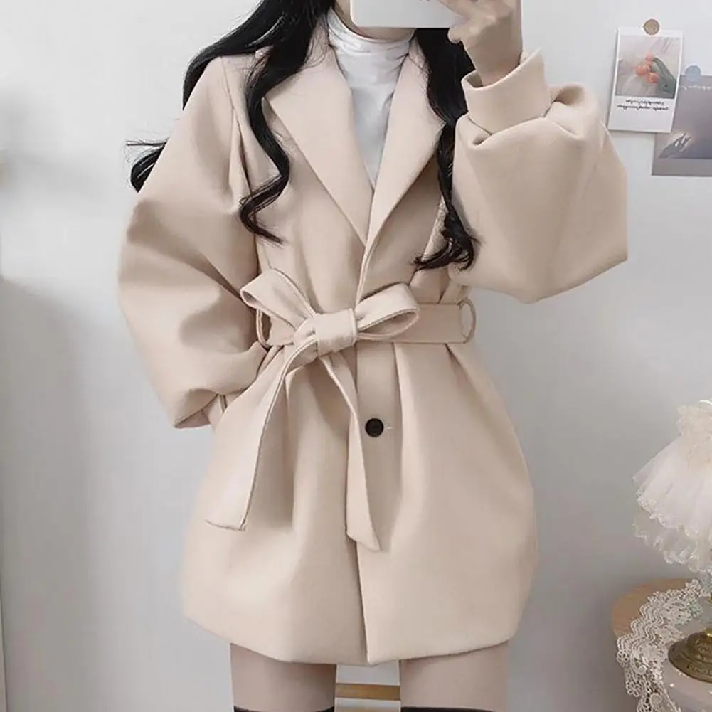 

Women Winter Coat Turn-down Collar Lady Coat Tight Waist Thicker Buttons Belt Cardigan Autumn Coat Female Clothes