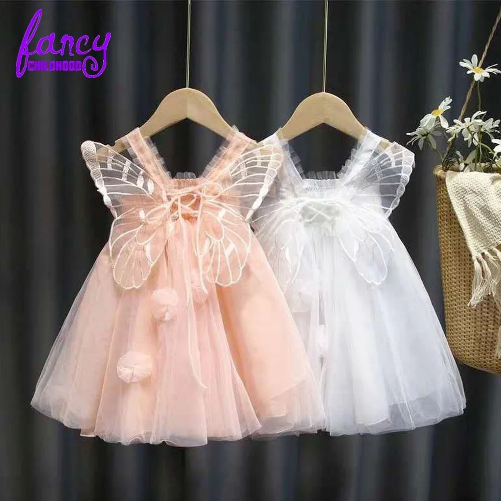 

Fancy Childhood Pink White Sleeveless Tulle Butterfly Toddler Girl Party Dresses Elegant Summer Cute Clothes for Baby Girl