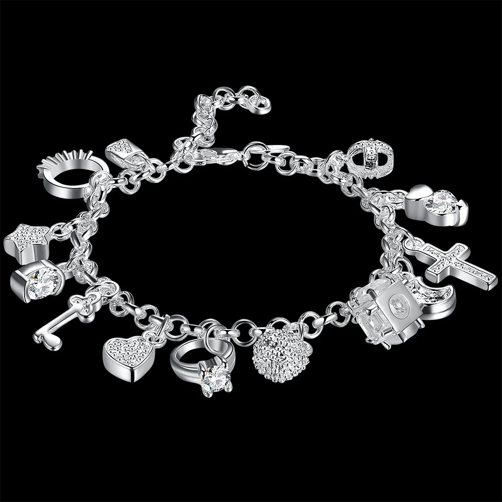 

Hot sale fashion 925 Stamp Silver color Bracelet for woman Pretty heart Zircon Pendant chain Wedding party Gifts classic Jewelry