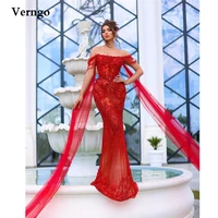 verngo exquisite red lace beads evening dresses mermaid off the shoulder tulle cape prom gowns dubai women party celebrity dress