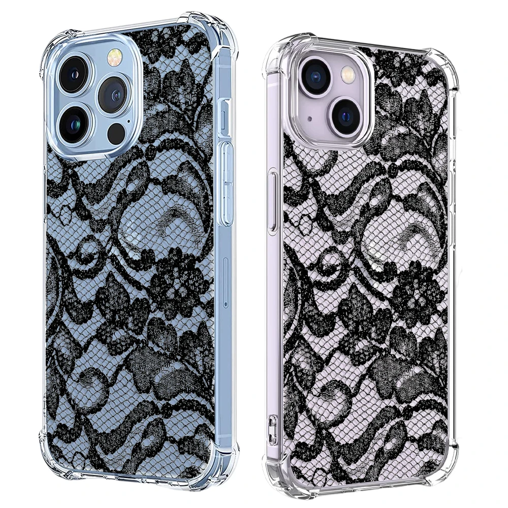 Фото Чехол для телефона с черным кружевом для iPhone 15 14 13 12 11 Pro X XS XR Max 7 8 Plus SE 2 3 Mini, Мягкий Прозрачный ударопрочный чехол из ТПУ №1