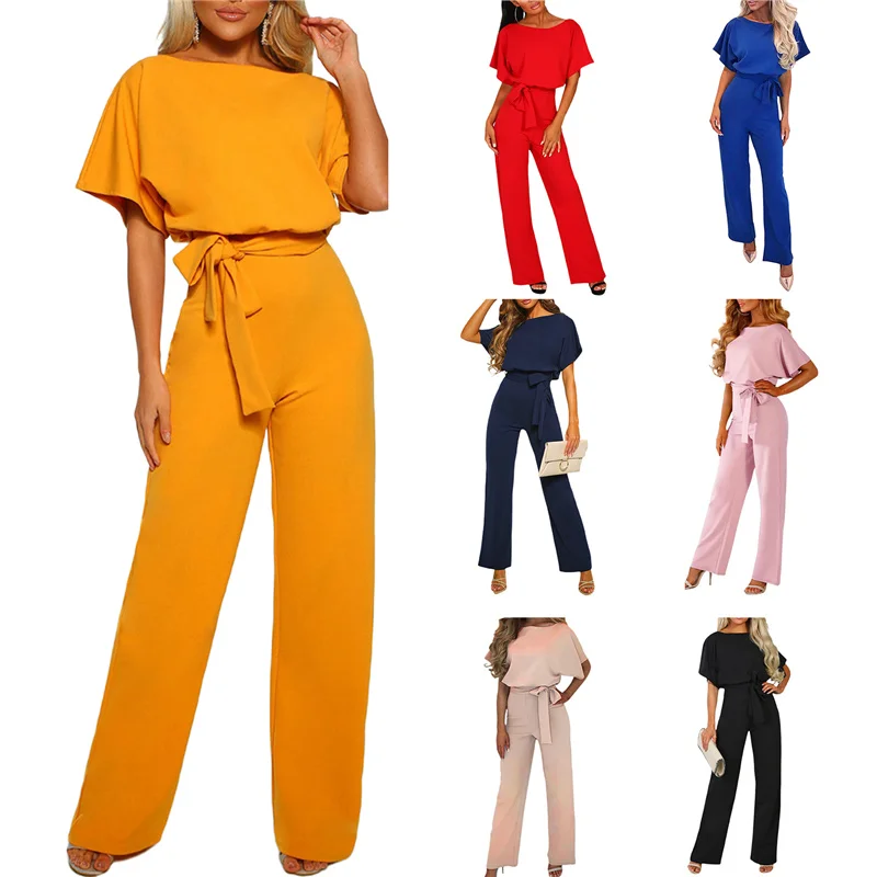 

Women Jumpsuit, Elegant Short Sleeve Hollowed Waist Tie Solid Summer Wide Leg Pants Playsuits, S/M/L/XL/2XL/3XL