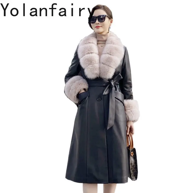 Женский Длинный тренчкот из натуральной воловьей кожи с лисьим меховым