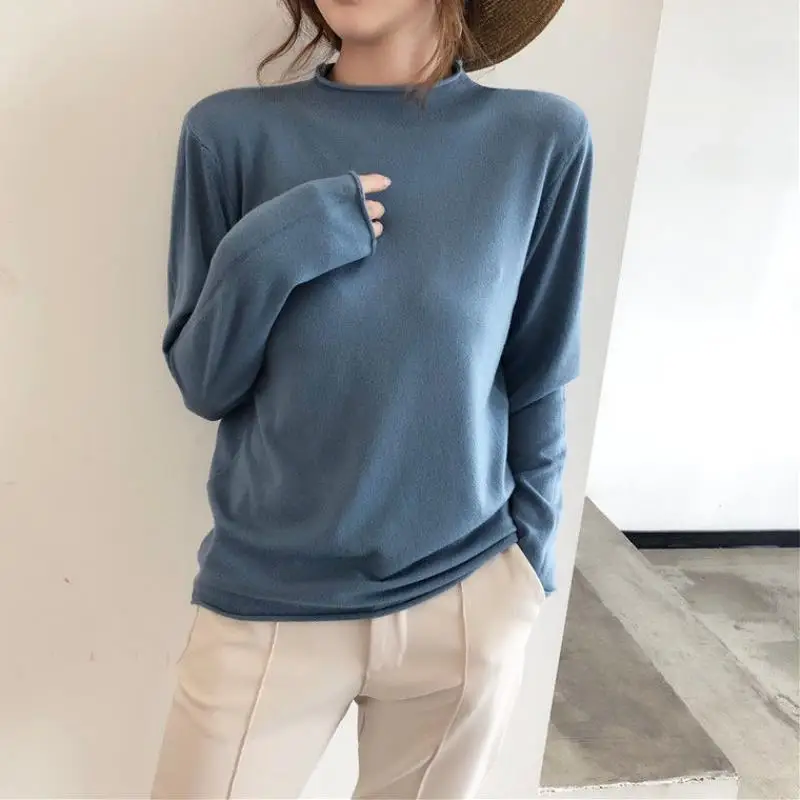 Women Fashion Tops Spring Autumn Long Sleeve Knitted Sweater Pullovers Elastic Ladies Half Turtleneck Jumpers Sueter Mujer 81F