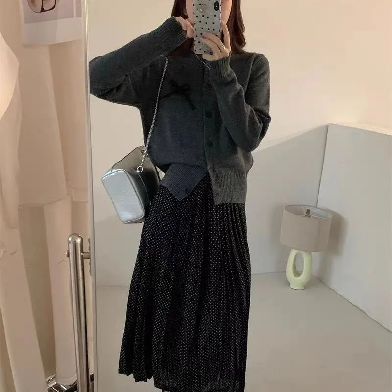 Женская одежда серый вязаный кардиган базовый однобортный свитер с длинным