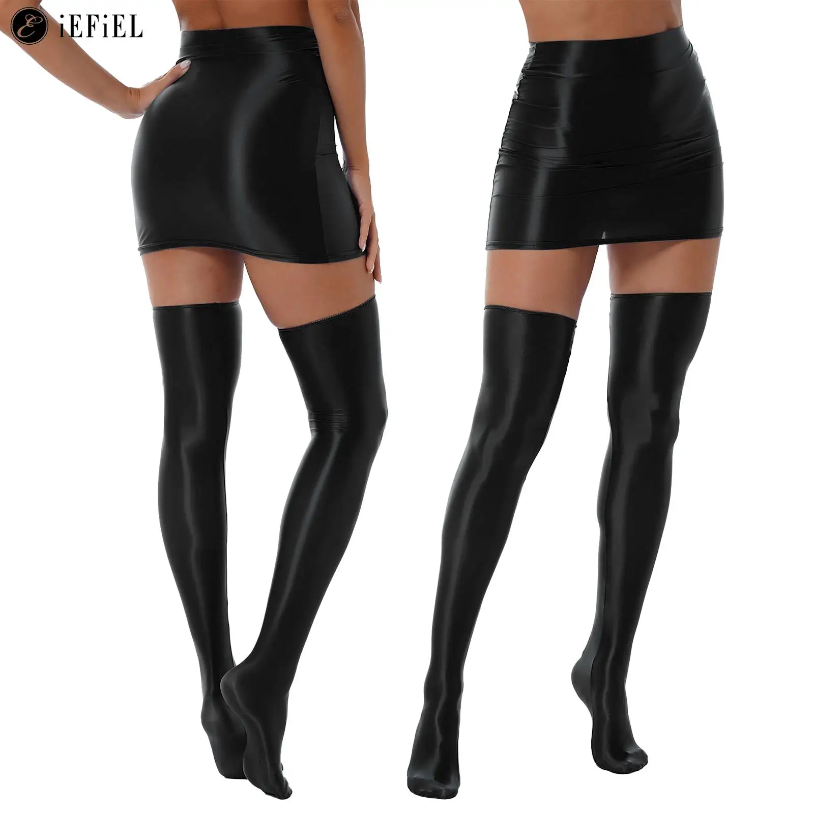 Womens Shiny Glossy High Waist Mini Pencil Skirt Bodycon with Stockings for Night Club Disco Party Pole Dancing Clubbing