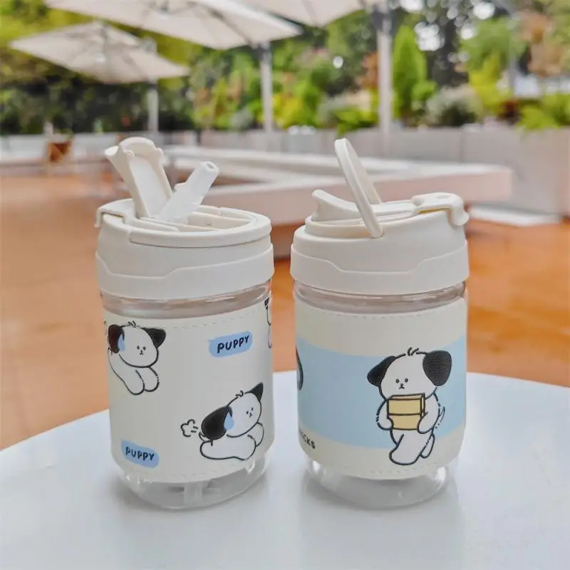 

500ml Summer Casual Water Bottle Cute Puppy Plastic Cup With Straw And Leather Case Portable Coffee Cup Double Drinking Cup