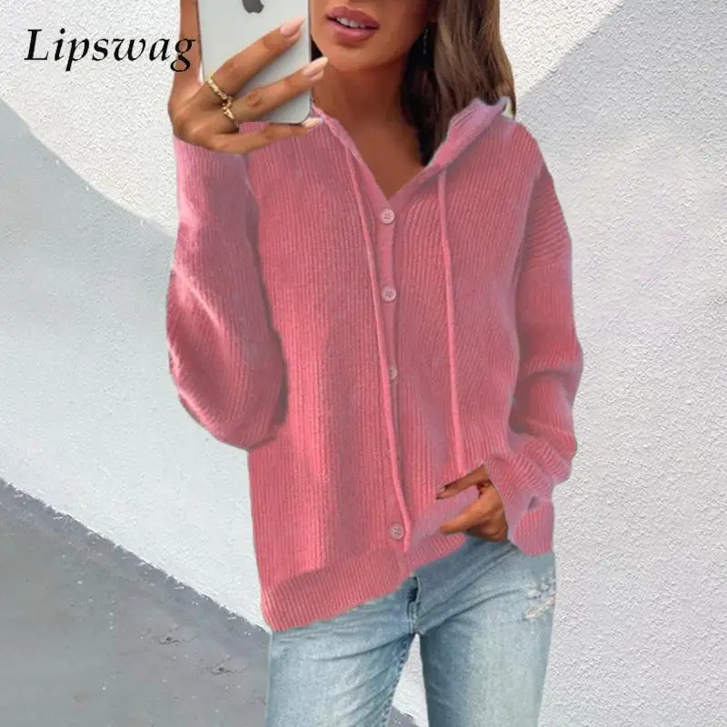 

New Ladies Casual Loose Sweater Hoodies Autumn Winter Women Button Cardigan Sweaters Vintage Long Sleeve Solid Knitted Outerwear
