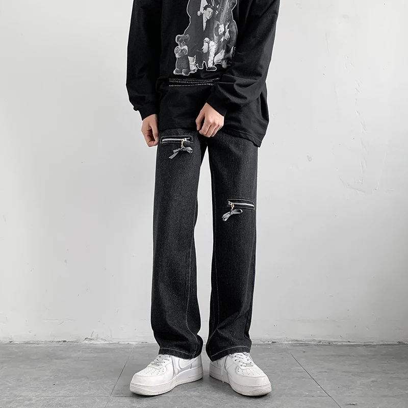 

Ns Hip-hop Street Tide Brand Zipper Design Washed Black Straight Pants Loose Jeans Men and Women Pants Straight Wide Leg Jeans