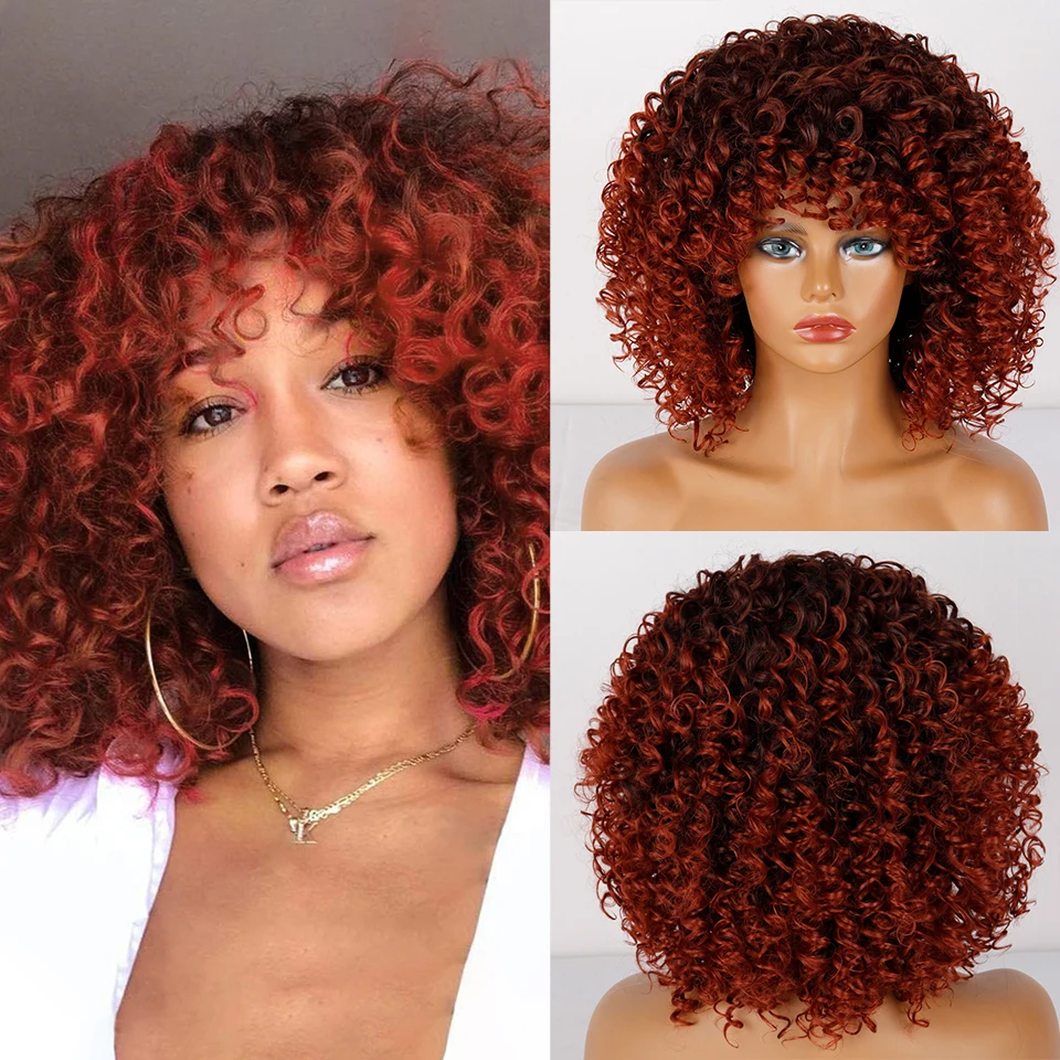 

Short Hair Gradient Orange Curly Hair with Bangs Afro Synthetic Gradient Color Free Glue Cosplay Wig for Black Women